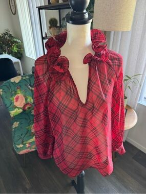 Boston Proper Red Plaid Ruffle V-Neck Blouse